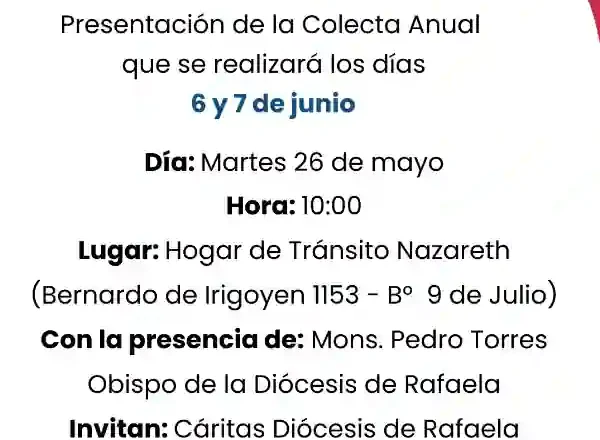 Cáritas Rafaela lanza su colecta anual los días 6 y 7 de junio