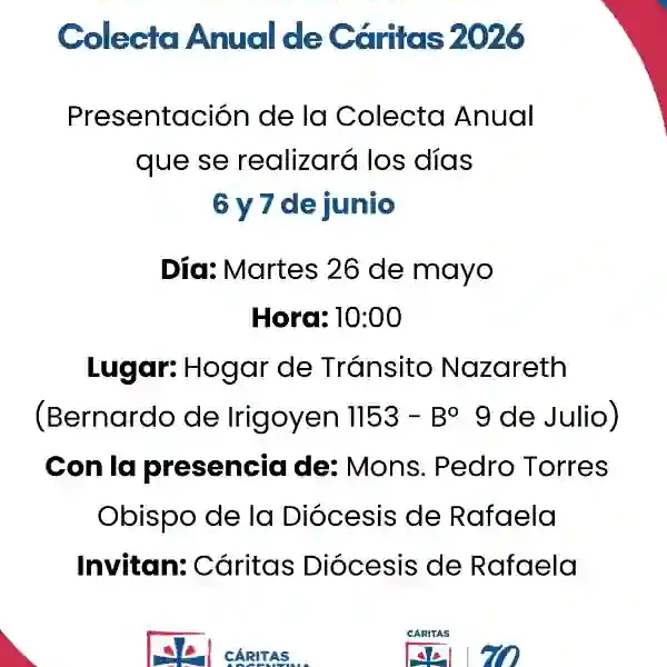Cáritas Rafaela lanza su colecta anual los días 6 y 7 de junio