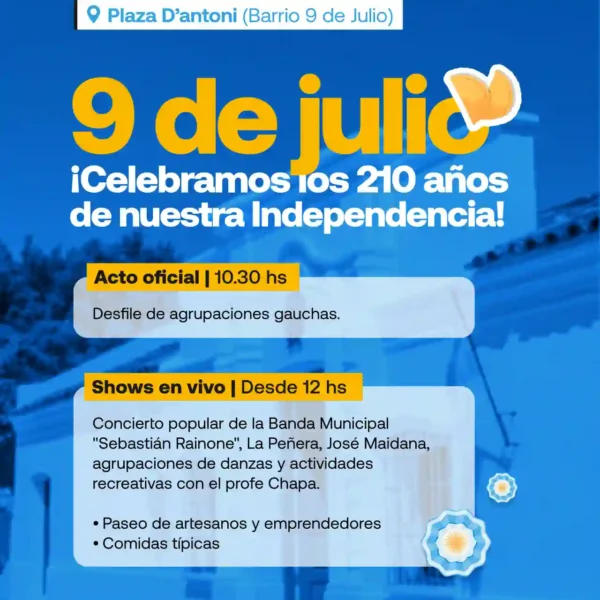 Sunchales celebrará el 210° aniversario de la Declaración de la Independencia en Plaza D’Antoni