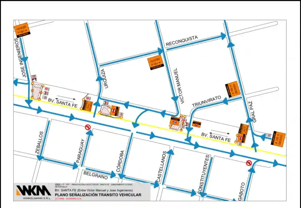 Rafaela: obra en avenida Santa Fe reduce el tránsito por al menos 90 días 1 Plano de desvíos del tránsito vehicular en Bv. Santa Fe, entre las calles Víctor Manuel y José Ingenieros